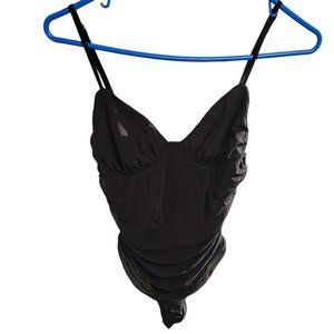 Hey Babe BLACK Sleeveless Ruched Bodysuit WOMENS Size Small SHEER STRETCH THONG